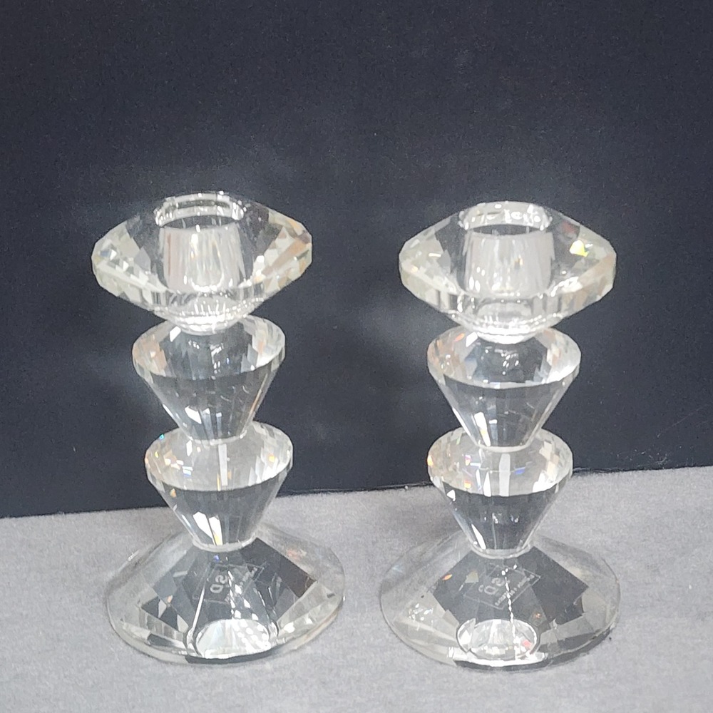 Simon Designs Candle Holders Clear Crystal Faceted Geometric‎ Set of 2 5.5in